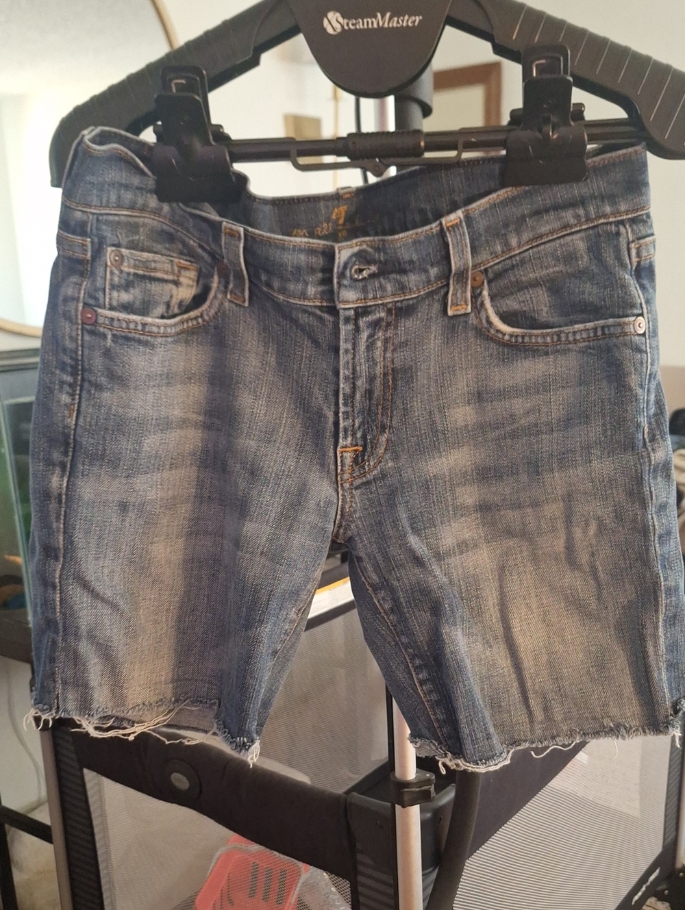 7 For All Mankind Distressed Blue Denim Boyfriend Shorts